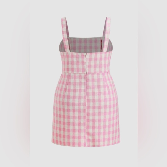 Cider Pink Gingham Square Neck Rosette Check Split Mini Dress Curve & Plus 1XL - Picture 4 of 13